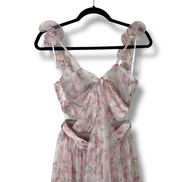 Lulus NWOT Ethereal Love Blush Floral Pleated Tiered Tie-Back Mesh Maxi Dress XS - Picture 9 of 10